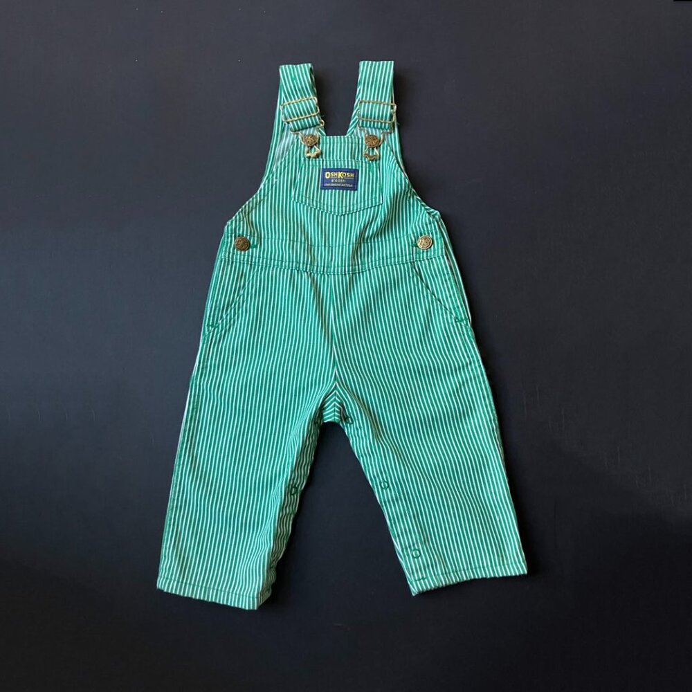 OshKosh B’Gosh Green & White Railroad-Striped Overalls – 18 Months